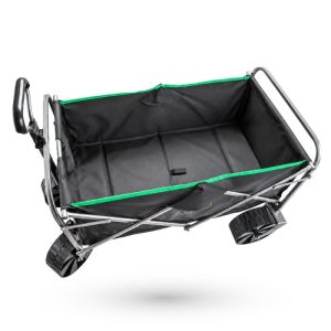 עגלת קמפינג Wide Glide Amigo עגלה מתקפלת שלמה עם גלגלי שטח פולימריים רחבים וידית טלסקופית. נושאת עד 80 ק״ג ציוד, שוקלת 10 ק״ג.